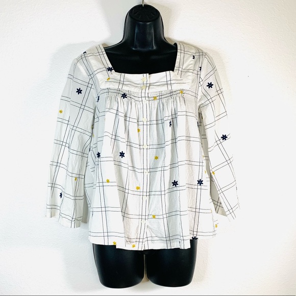 Madewell Tunic Embroidered Windowpane Square Neck Button Down Top XXS Cotton - Picture 3 of 7